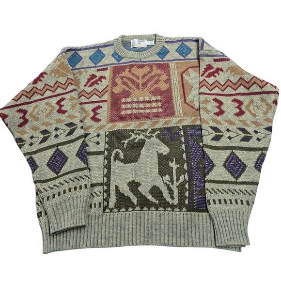 90s Mens VTG London Fog Decorated Reindeer Snowflake Sweater Sz L Grey - Picture 1 of 5